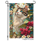 Stained glass cat garden flag with berries, flowers, and butterfly details