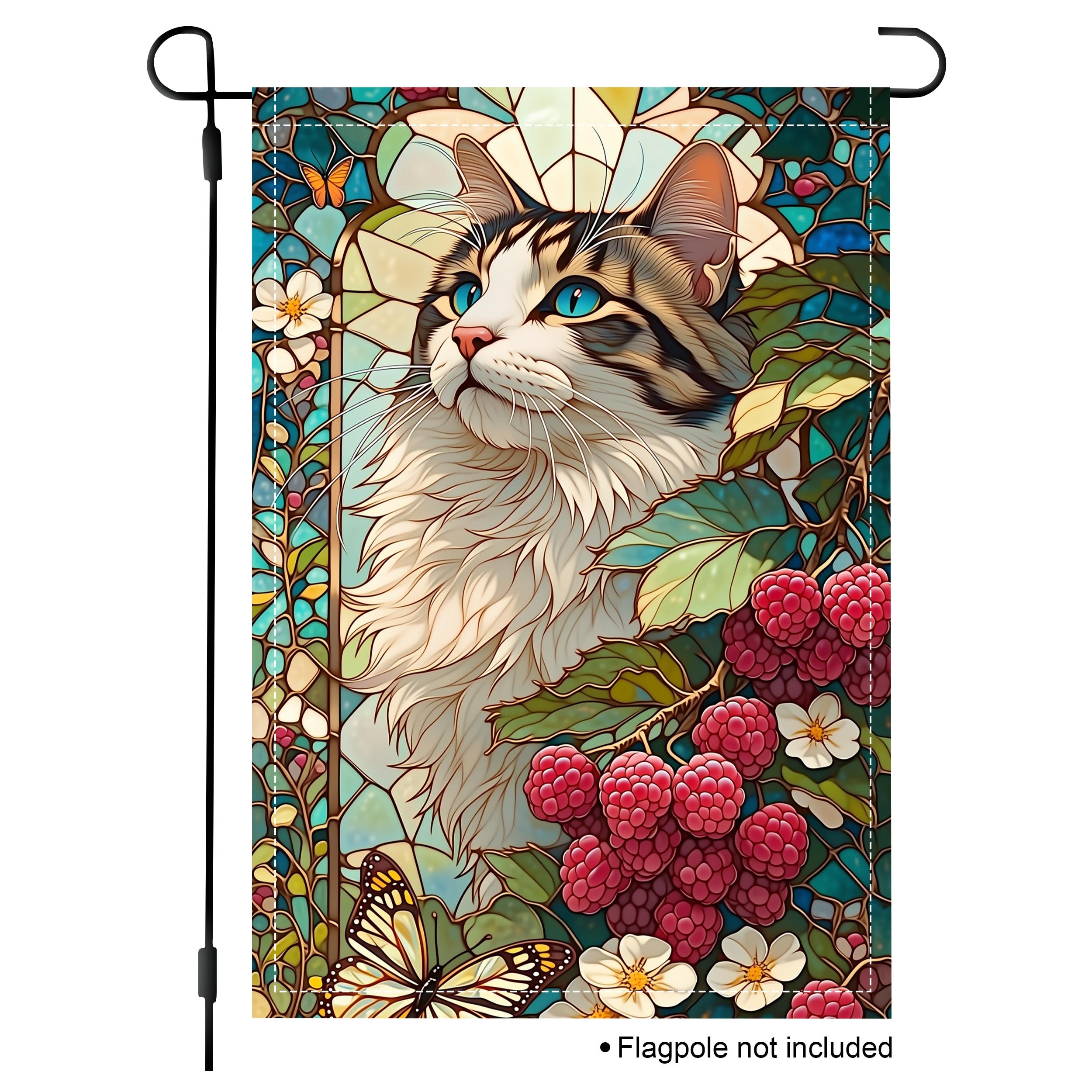 Stained glass cat garden flag with berries, flowers, and butterfly details