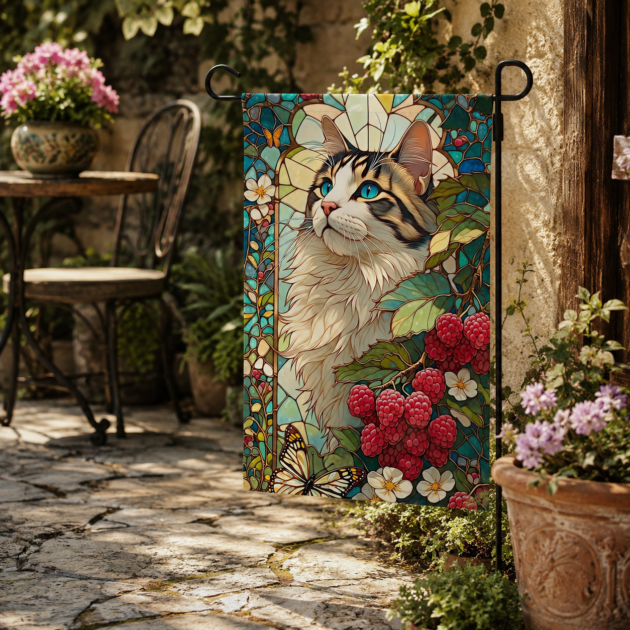 Stained glass cat garden flag styled near a rustic patio seating area