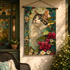 Stained glass cat garden flag shown as wall decor near a garden window