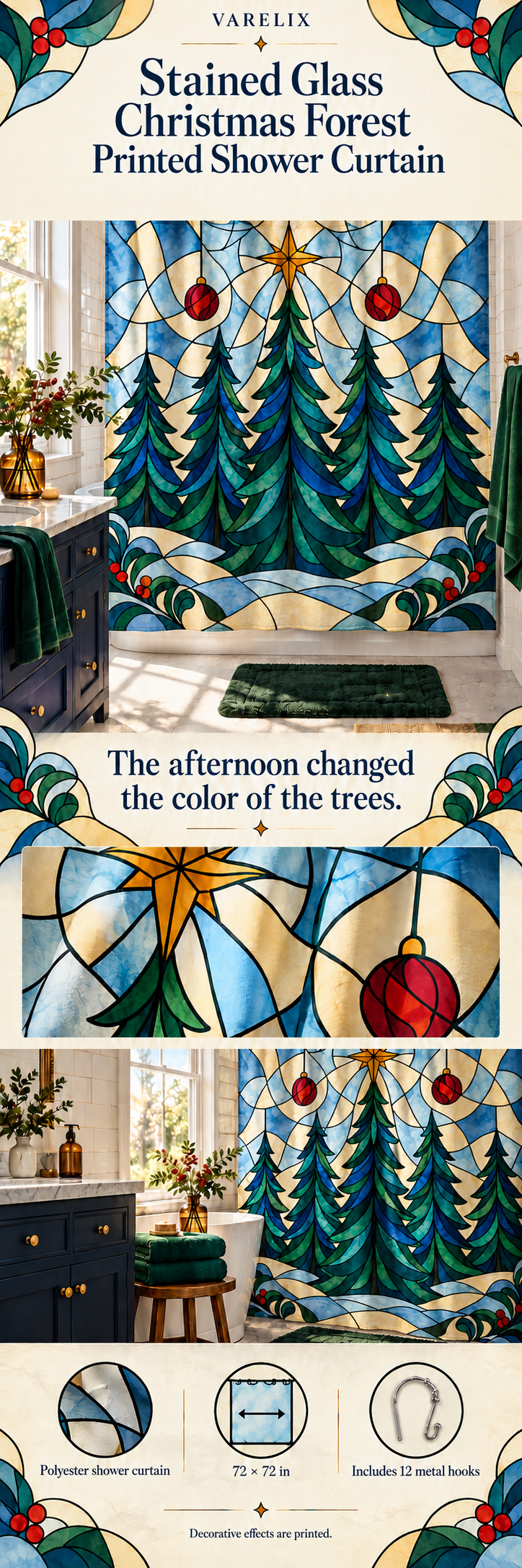 Stained Glass Christmas Forest Printed Shower Curtain by VARELIX, A+ detail poster with verified material, sizes and included items.
