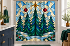 Stained Glass Christmas Forest Printed Shower Curtain, lifestyle view 1: Curtain fully drawn across a standard tub, nearly frontal view, entire square print readable, top rail and hooks cropped completely OUT OF FRAME; square print readable; no floor-length distortion.