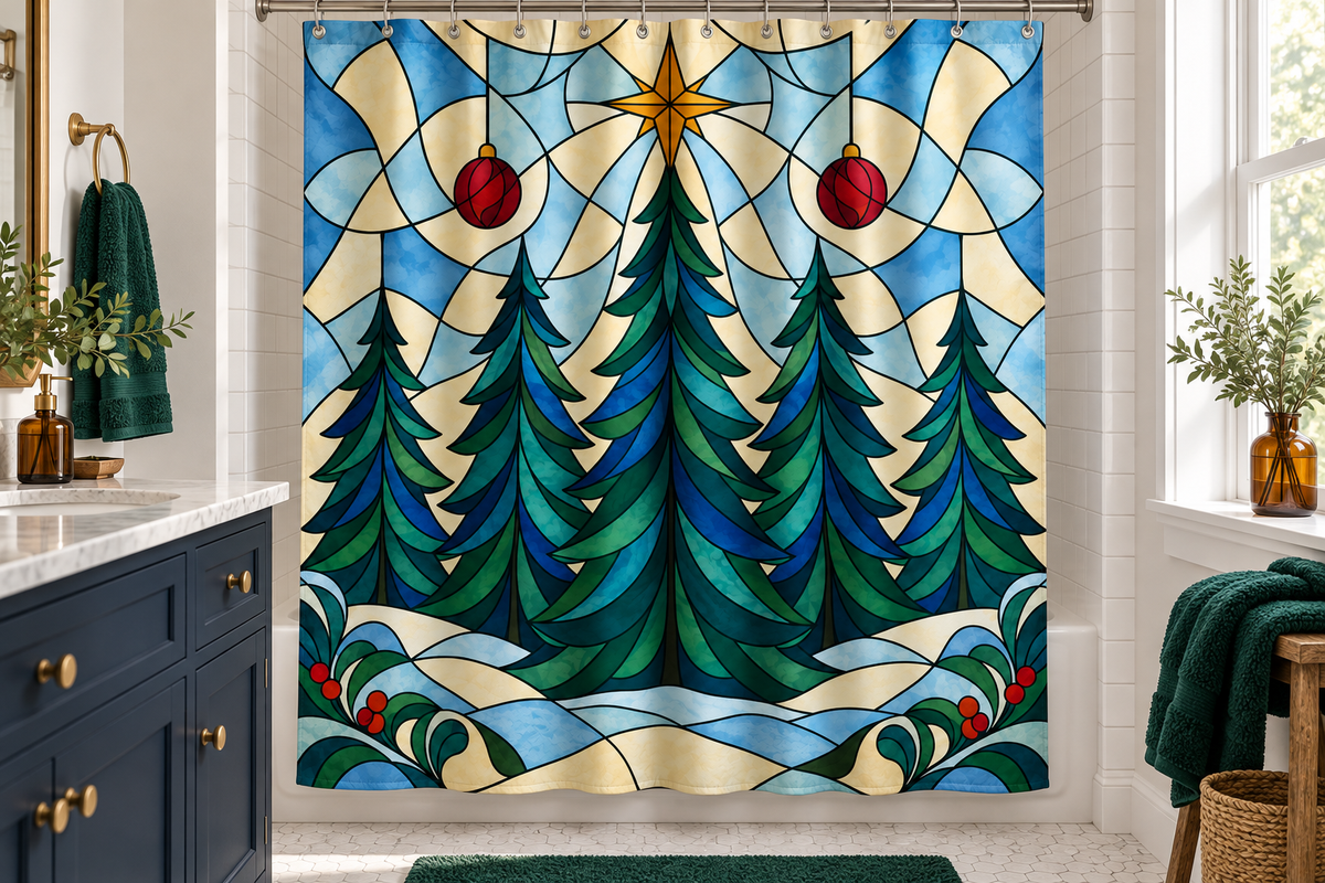 Stained Glass Christmas Forest Printed Shower Curtain, lifestyle view 1: Curtain fully drawn across a standard tub, nearly frontal view, entire square print readable, top rail and hooks cropped completely OUT OF FRAME; square print readable; no floor-length distortion.