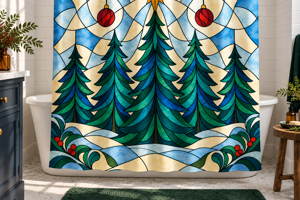 Stained Glass Christmas Forest Printed Shower Curtain, lifestyle view 2: Three-quarter view of a standard tub and square curtain, upper hardware cropped OUT OF FRAME, full printed motif visible with soft vertical folds, no window or fixture passing through cloth.