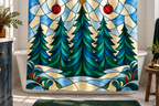 Stained Glass Christmas Forest Printed Shower Curtain, lifestyle view 2: Three-quarter view of a standard tub and square curtain, upper hardware cropped OUT OF FRAME, full printed motif visible with soft vertical folds, no window or fixture passing through cloth.