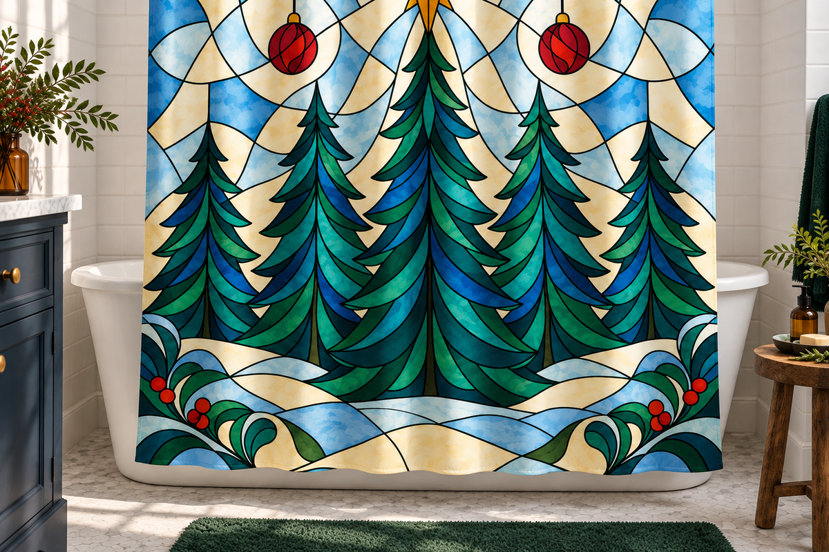 Stained Glass Christmas Forest Printed Shower Curtain, lifestyle view 2: Three-quarter view of a standard tub and square curtain, upper hardware cropped OUT OF FRAME, full printed motif visible with soft vertical folds, no window or fixture passing through cloth.