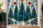 Stained Glass Christmas Forest Printed Shower Curtain, lifestyle view 3: A bright bathroom with square curtain as the dominant focal wall, medium-wide editorial view, top hardware deliberately cropped OUT OF FRAME, camera at natural eye level.