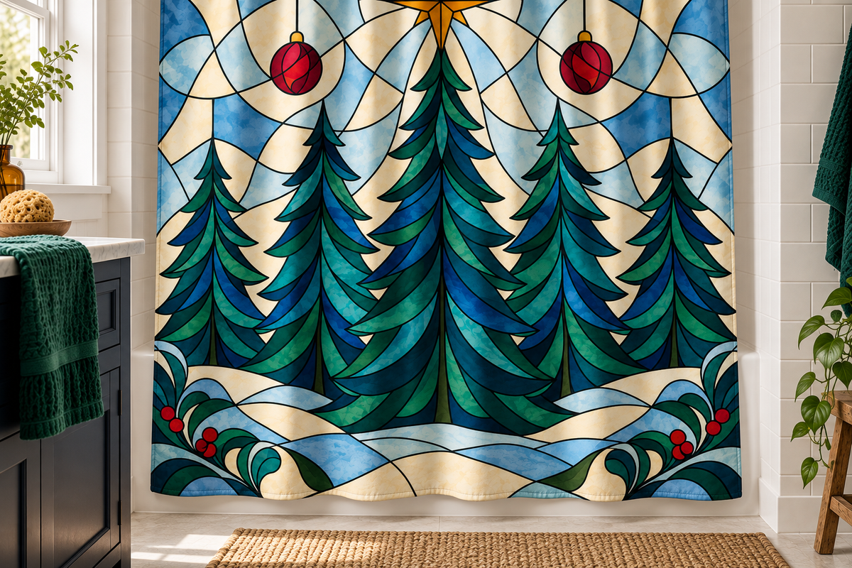 Stained Glass Christmas Forest Printed Shower Curtain, lifestyle view 3: A bright bathroom with square curtain as the dominant focal wall, medium-wide editorial view, top hardware deliberately cropped OUT OF FRAME, camera at natural eye level.