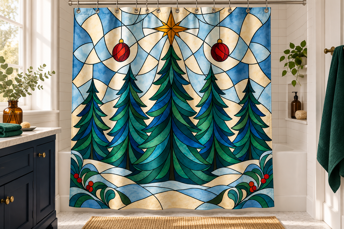 Stained Glass Christmas Forest Printed Shower Curtain, lifestyle view 4: Closer front-angle bathroom view focused on the full square printed curtain, restrained surroundings, realistic fabric folds without hiding the central design; top hardware cropped OUT OF FRAME.