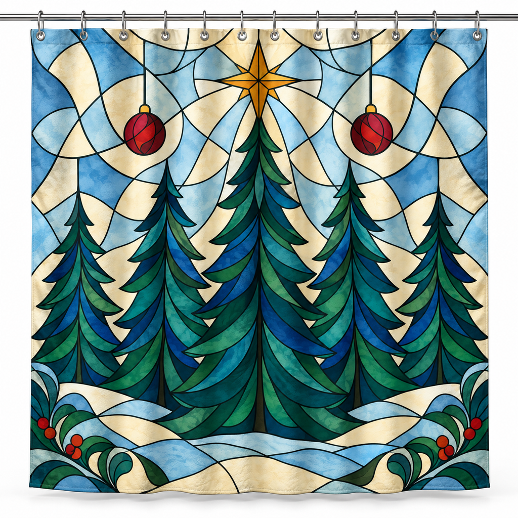 Stained Glass Christmas Forest Printed Shower Curtain on a white background, showing the complete printed design.