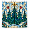 Stained Glass Christmas Forest Printed Shower Curtain on a white background, showing the complete printed design.