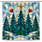 Stained Glass Christmas Forest Printed Shower Curtain on a white background, showing the complete printed design.