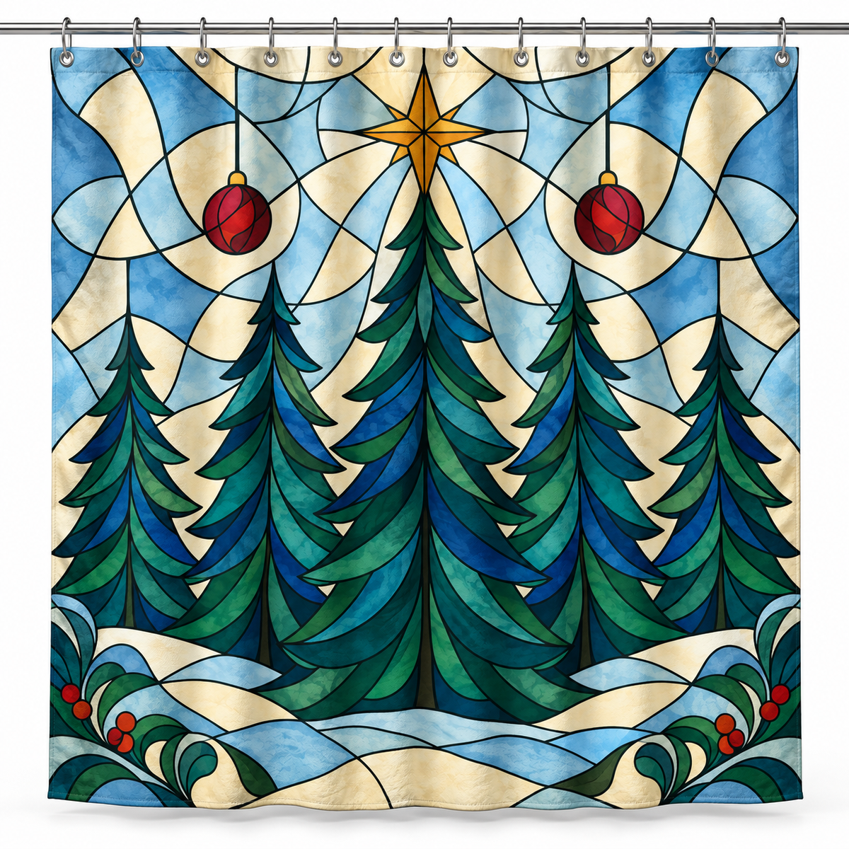 Stained Glass Christmas Forest Printed Shower Curtain on a white background, showing the complete printed design.