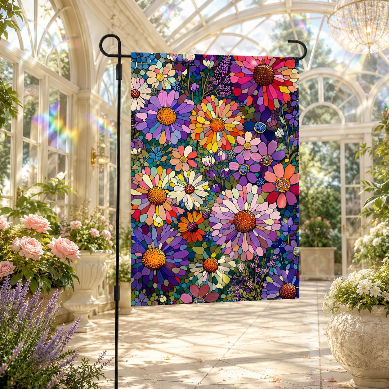 Stained glass floral garden flag displayed inside a bright conservatory with potted roses, white flowers, and rainbow sunlight.