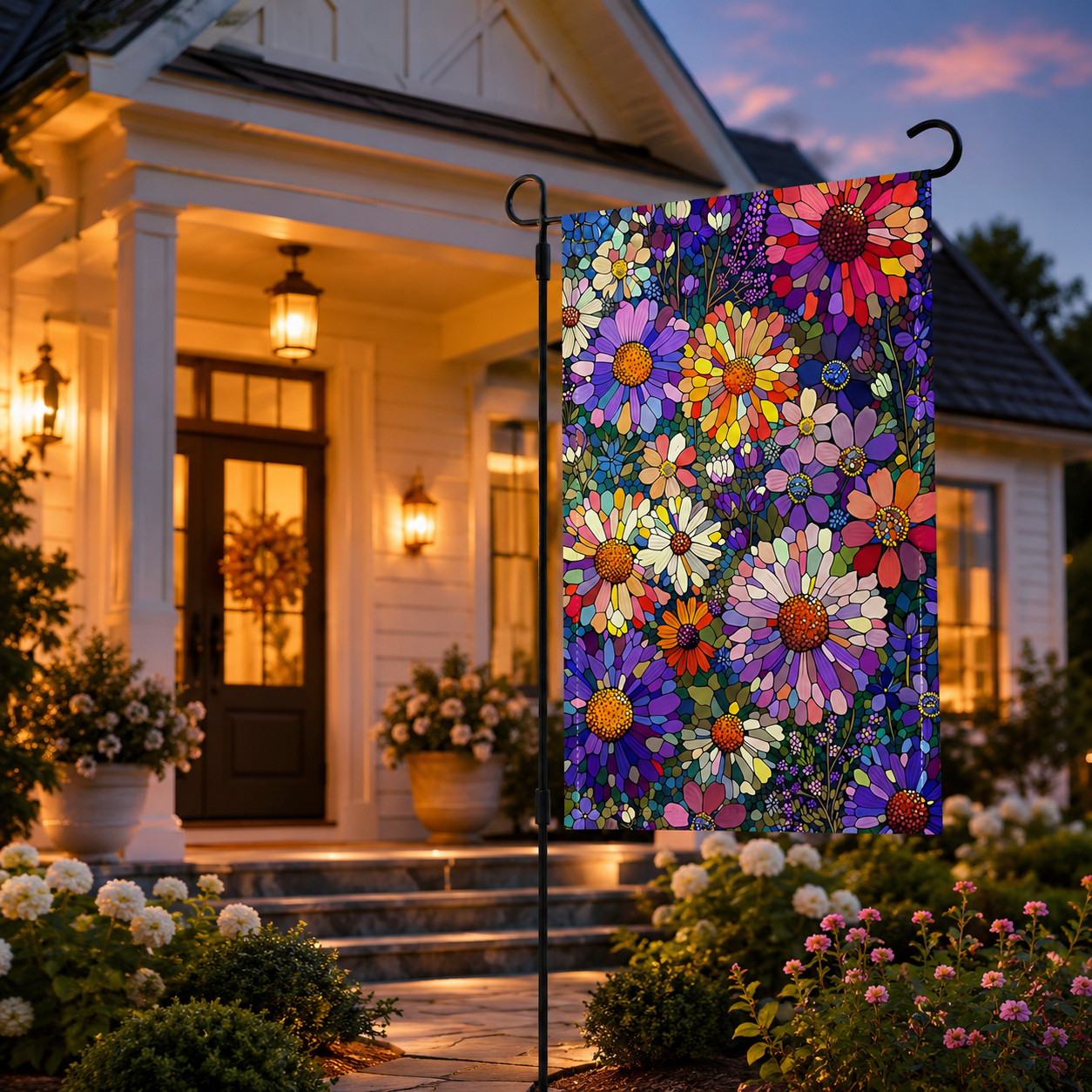 Stained glass floral garden flag displayed by a warmly lit front porch with colorful garden flowers.