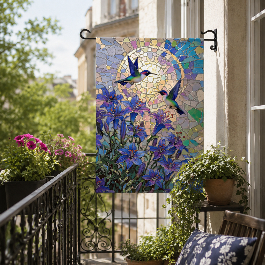 Stained glass hummingbird garden flag hanging on a flower-filled balcony