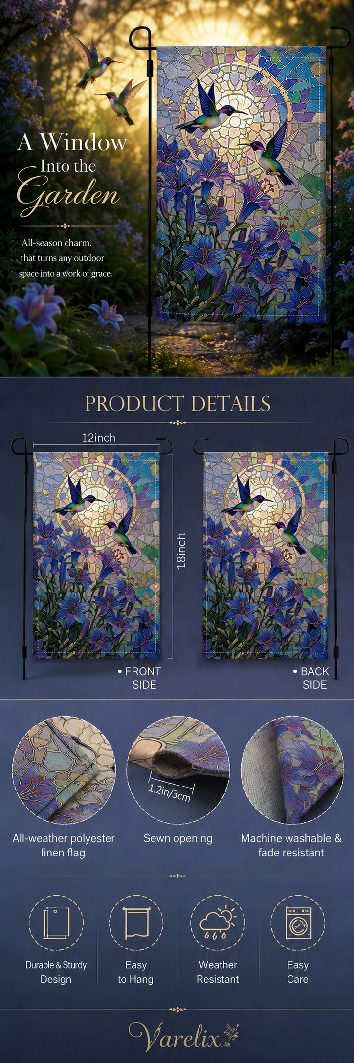 Stained glass hummingbird garden flag infographic showing size, fabric, and features