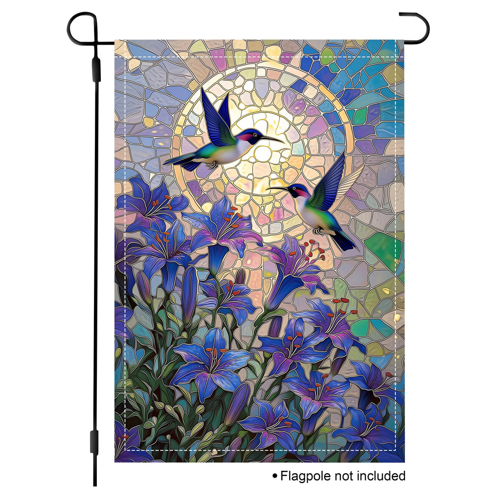 Stained glass hummingbird garden flag with blue lilies and mosaic details