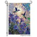 Stained glass hummingbird garden flag with blue lilies and mosaic details