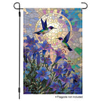 Stained glass hummingbird garden flag with blue lilies and mosaic details