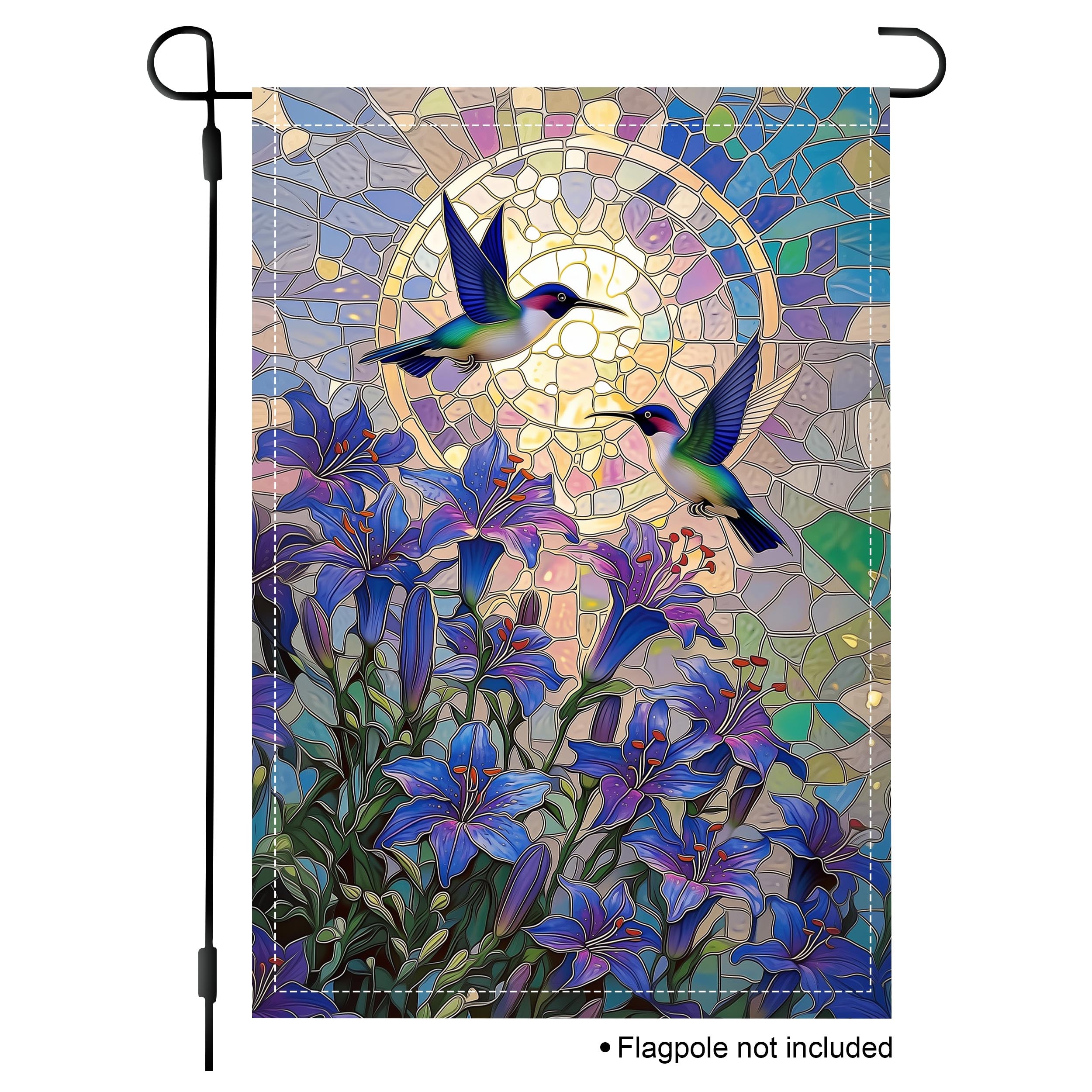 Stained glass hummingbird garden flag with blue lilies and mosaic details