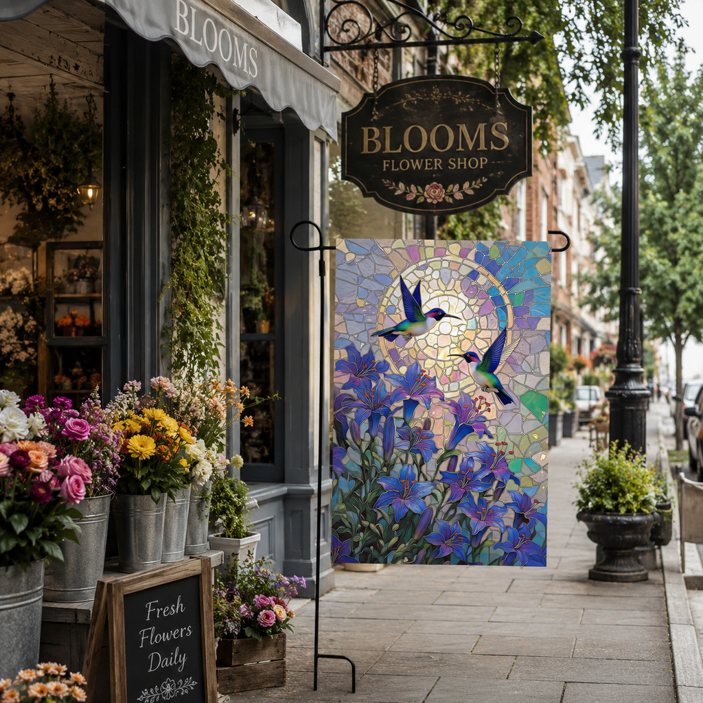 Stained glass hummingbird garden flag displayed outside a flower shop