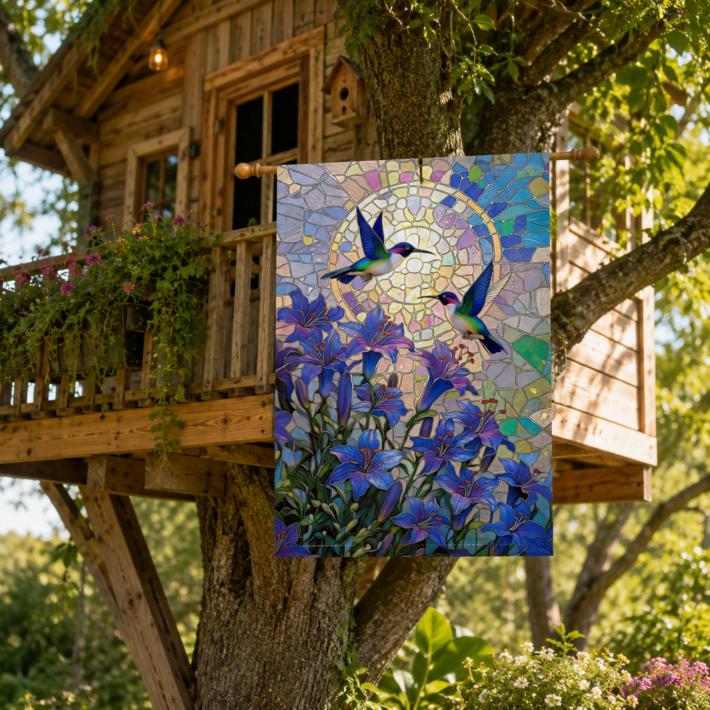 Stained glass hummingbird garden flag styled near a wooden treehouse