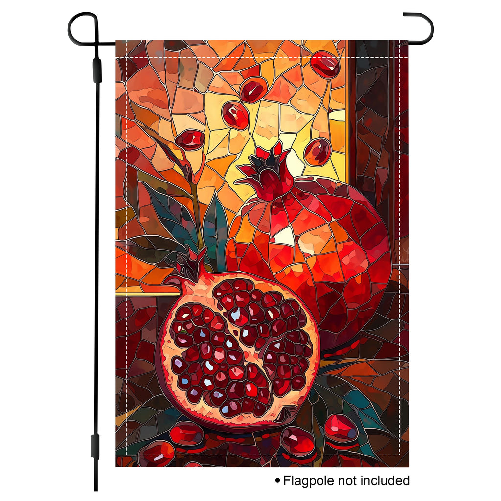 Stained glass pomegranate garden flag with rich red fruit and warm Mediterranean-inspired colors.