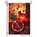 Stained glass pomegranate garden flag with rich red fruit and warm Mediterranean-inspired colors.