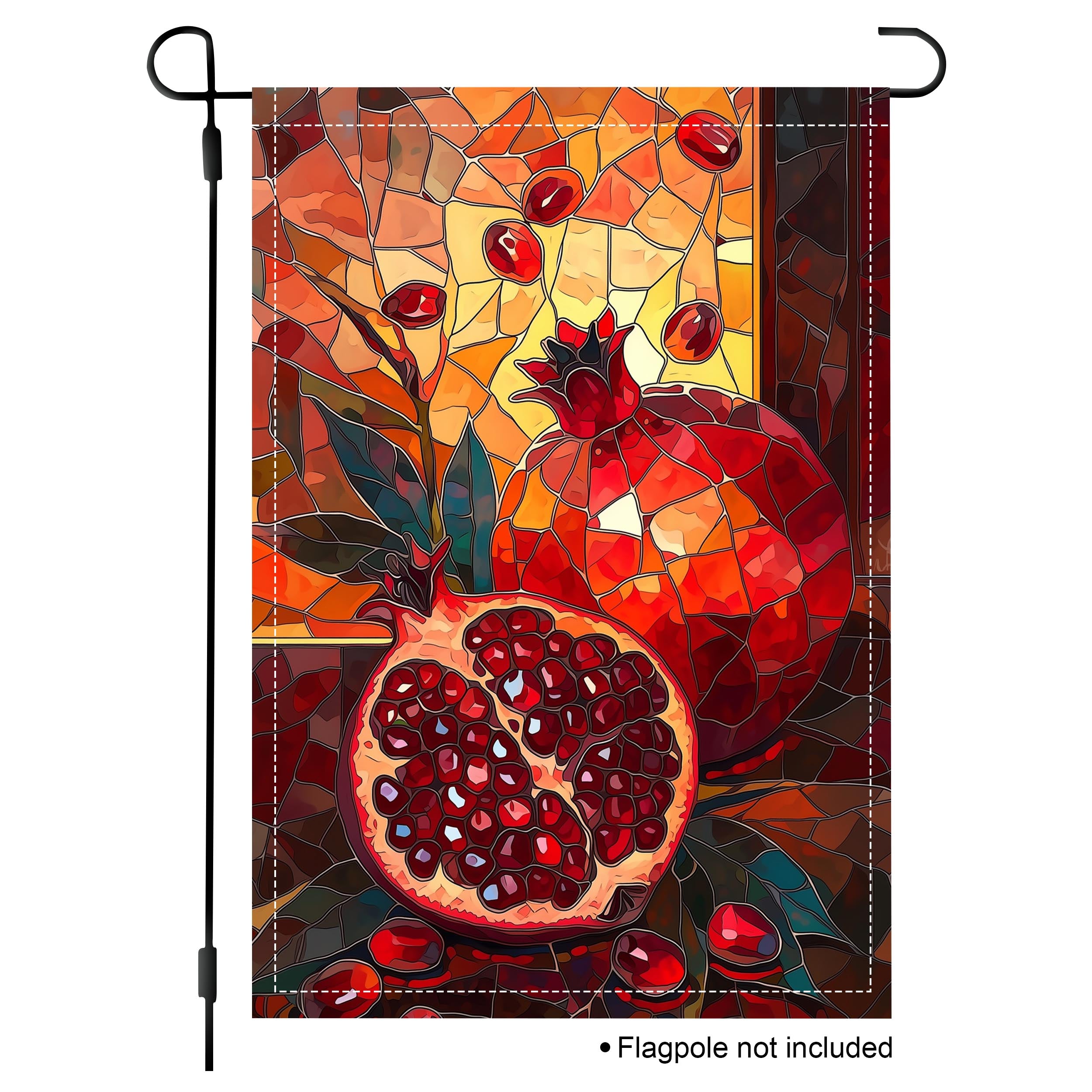 Stained glass pomegranate garden flag with rich red fruit and warm Mediterranean-inspired colors.