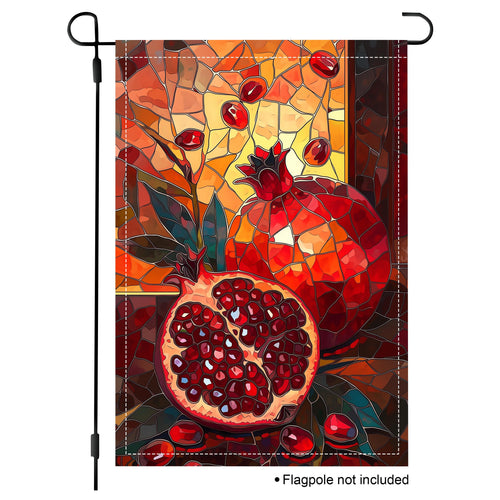 Stained glass pomegranate garden flag with rich red fruit and warm Mediterranean-inspired colors.