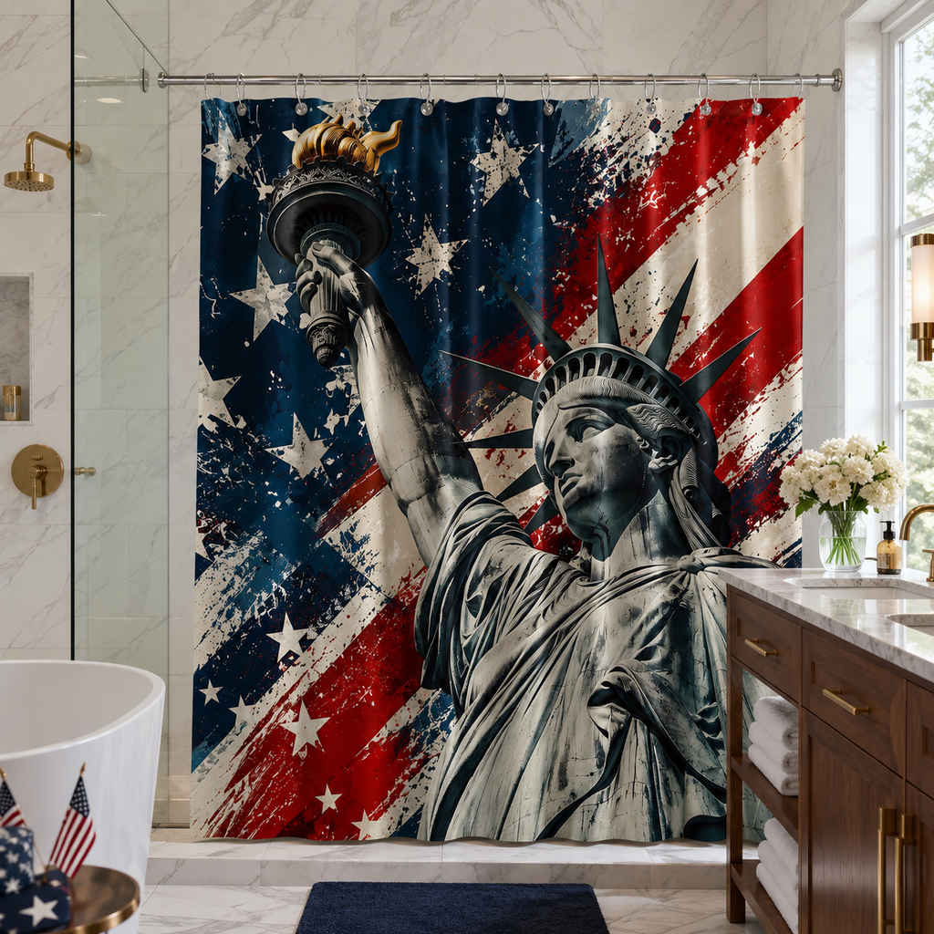 Patriotic Statue of Liberty shower curtain with American flag design in a bright modern bathroom.