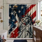 Patriotic Statue of Liberty shower curtain with American flag design in a bright modern bathroom.