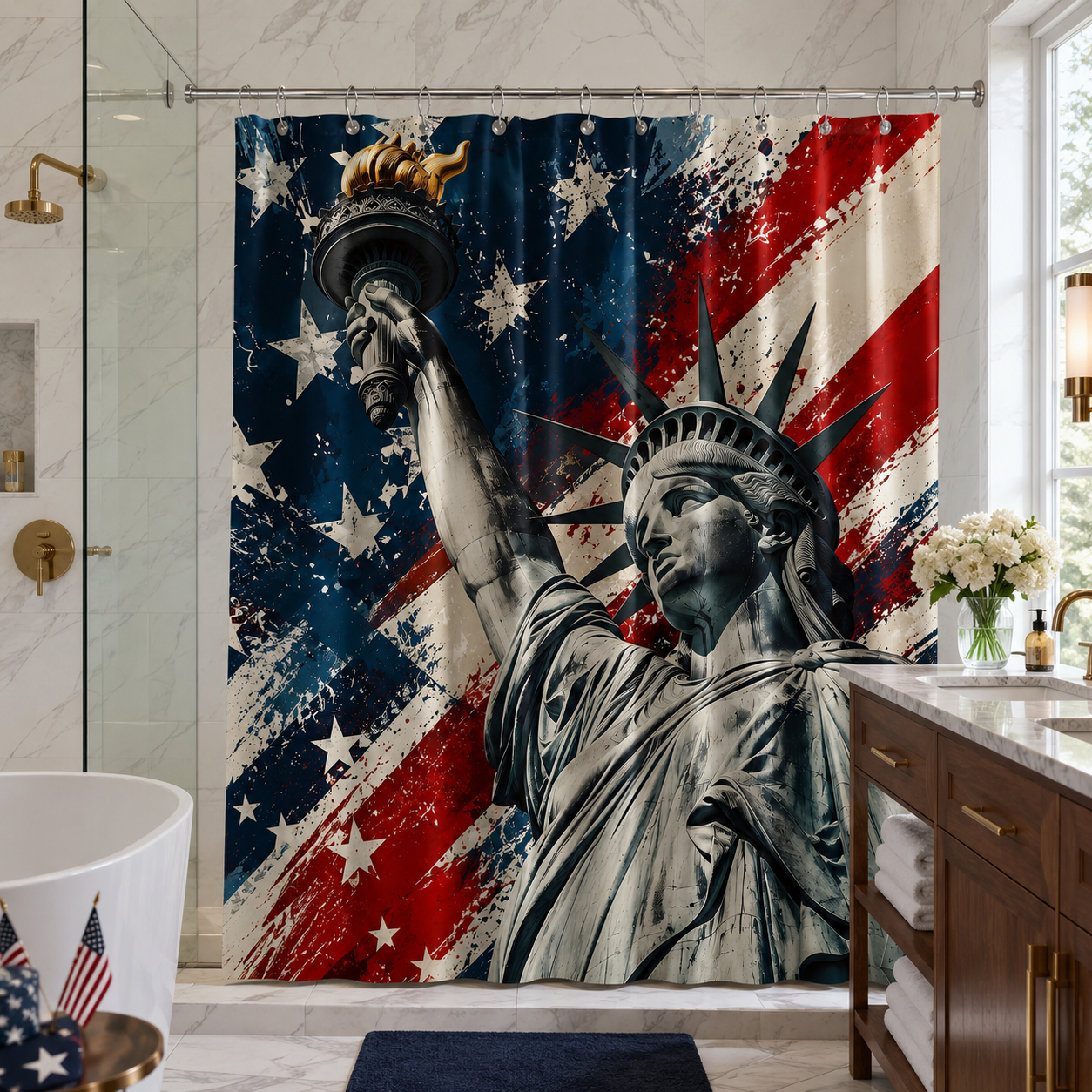 Patriotic Statue of Liberty shower curtain with American flag design in a bright modern bathroom.
