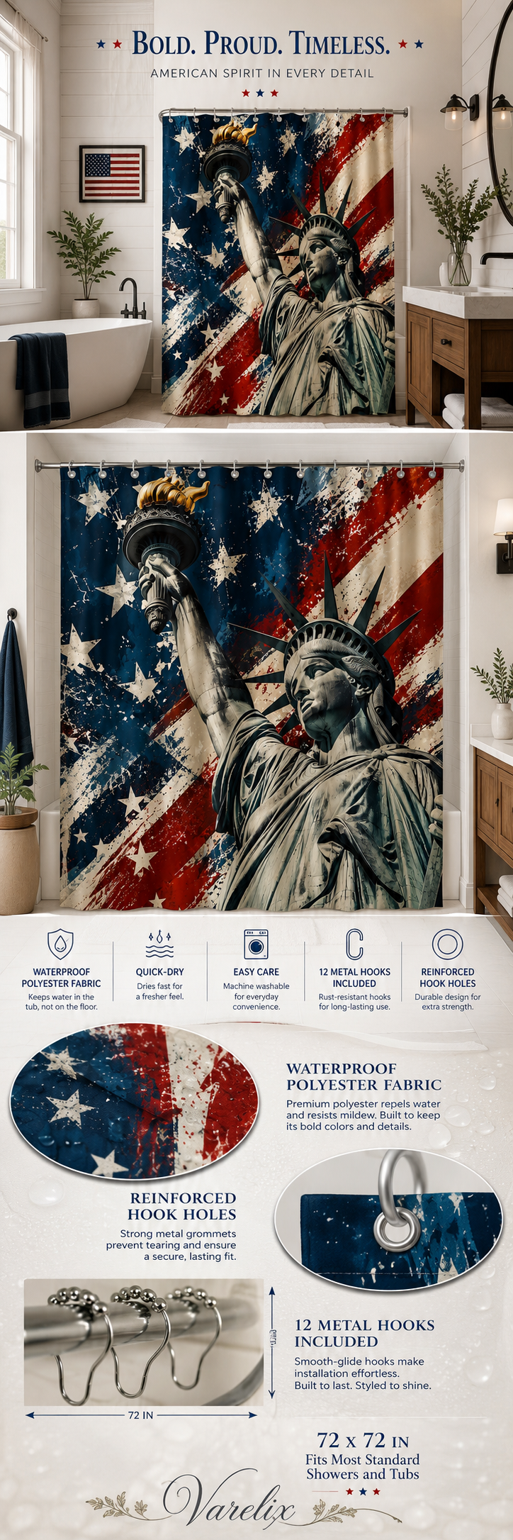 Product infographic for Statue of Liberty shower curtain detailing fabric, metal hooks, and dimensions.