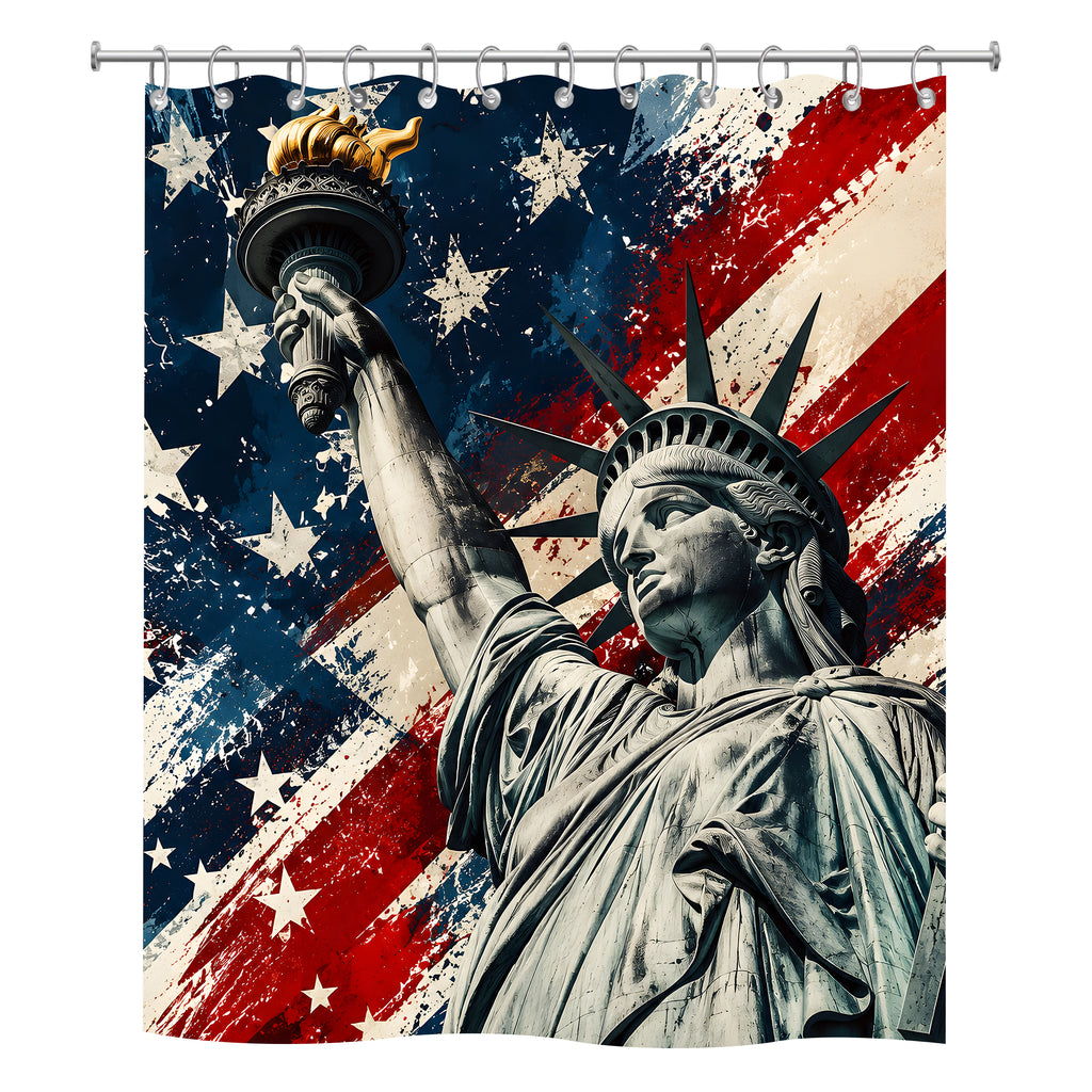 Patriotic Statue of Liberty and vintage American flag print shower curtain hanging on a rod.