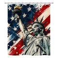Patriotic Statue of Liberty and vintage American flag print shower curtain hanging on a rod.