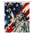 Patriotic Statue of Liberty and vintage American flag print shower curtain hanging on a rod.
