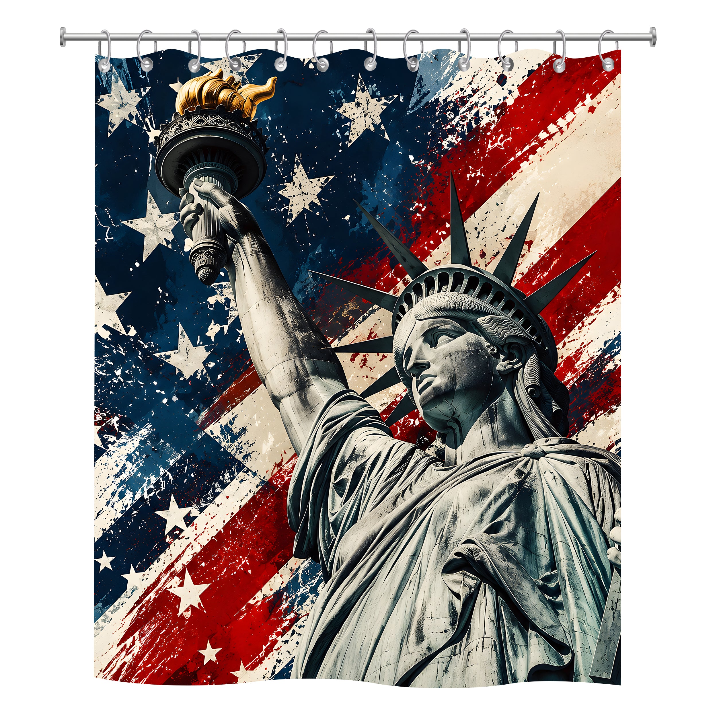Patriotic Statue of Liberty and vintage American flag print shower curtain hanging on a rod.