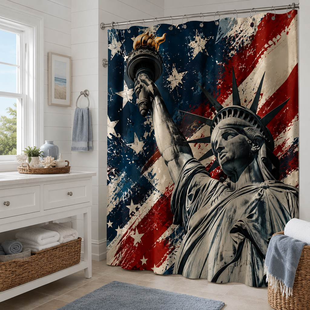 American flag style Statue of Liberty shower curtain next to a white bathroom vanity cabinet.