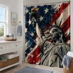 American flag style Statue of Liberty shower curtain next to a white bathroom vanity cabinet.