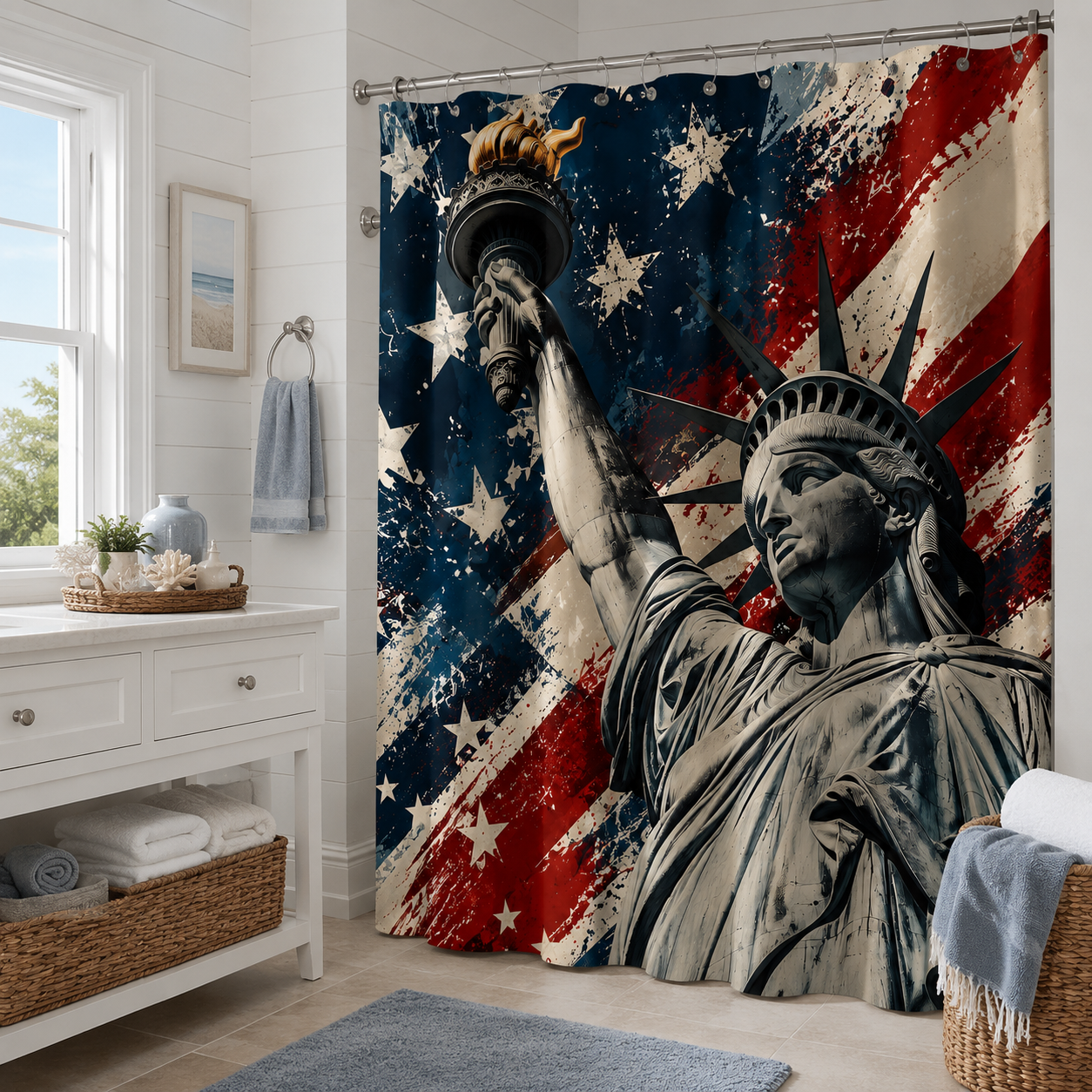 American flag style Statue of Liberty shower curtain next to a white bathroom vanity cabinet.