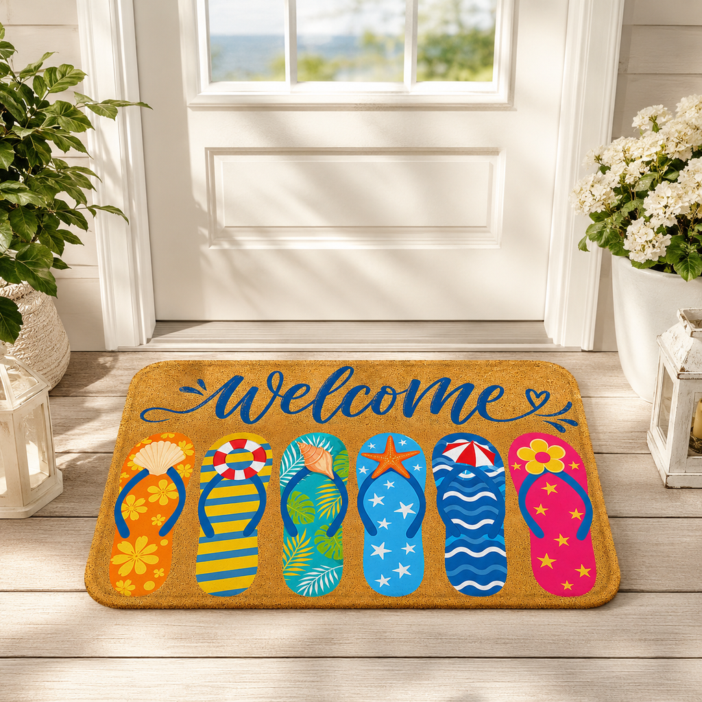 A summer beach house welcome mat with colorful flip-flops styled on a wooden deck in front of a white door with potted plants.