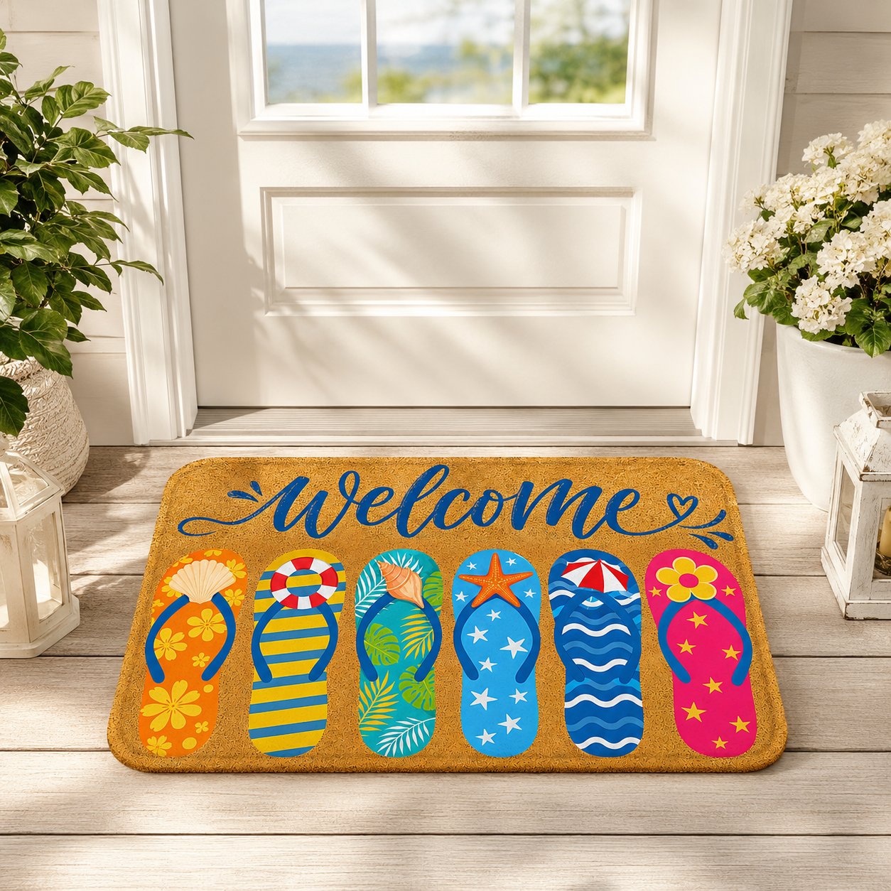 A summer beach house welcome mat with colorful flip-flops styled on a wooden deck in front of a white door with potted plants.