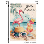 Summer flamingo beach garden flag with straw hat and tropical drink