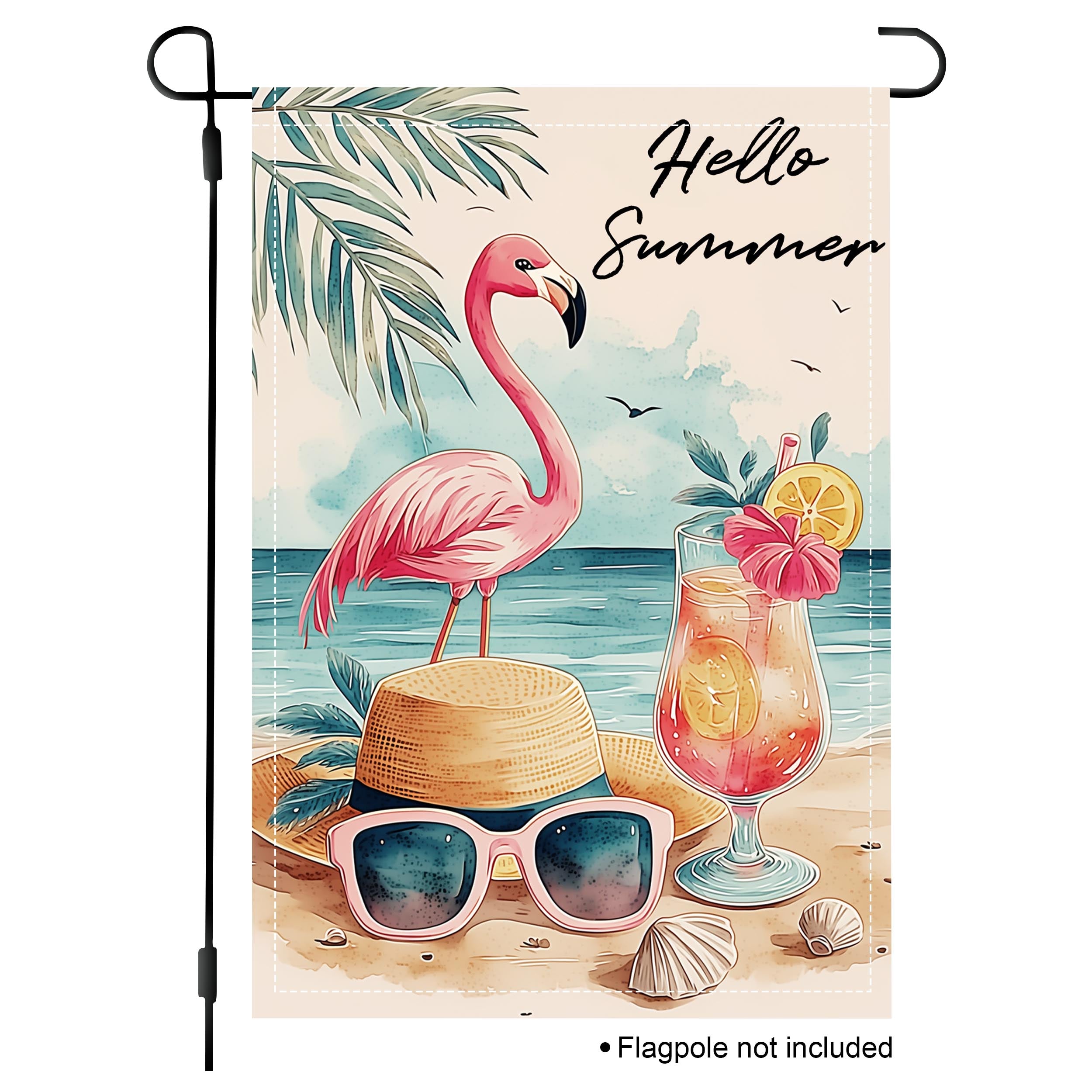 Summer flamingo beach garden flag with straw hat and tropical drink