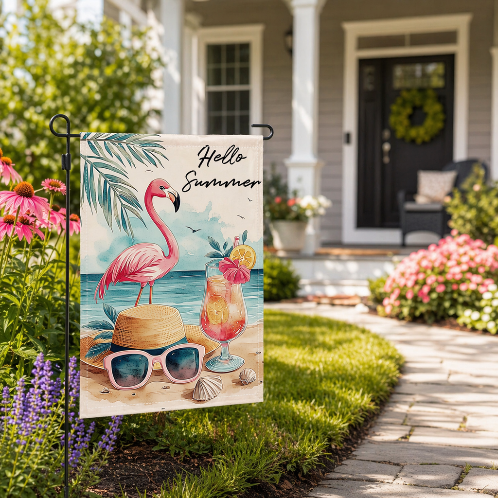 Summer flamingo beach garden flag displayed near a sunny front porch