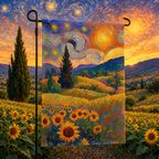 Sunflower landscape garden flag displayed in a golden sunflower field, with mountains, cypress trees, and a dramatic painterly sky.
