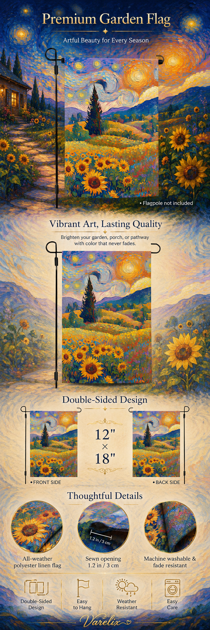Sunflower landscape garden flag product details showing double-sided design, 12 by 18 inch size, sewn opening, fabric close-ups, and weather-resistant features.
