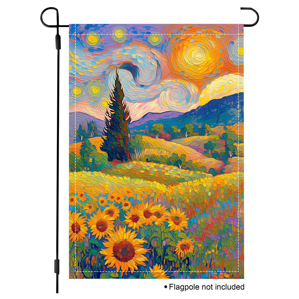 Sunflower landscape garden flag with rolling hills, cypress trees, swirling sky, and bright painterly sunset colors.